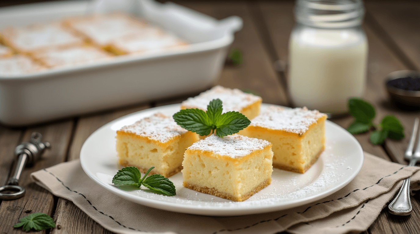 A moist and fluffy kefir sheet cake topped with a light dusting of powdered sugar, served on a rustic wooden table alongside a cup of tea.